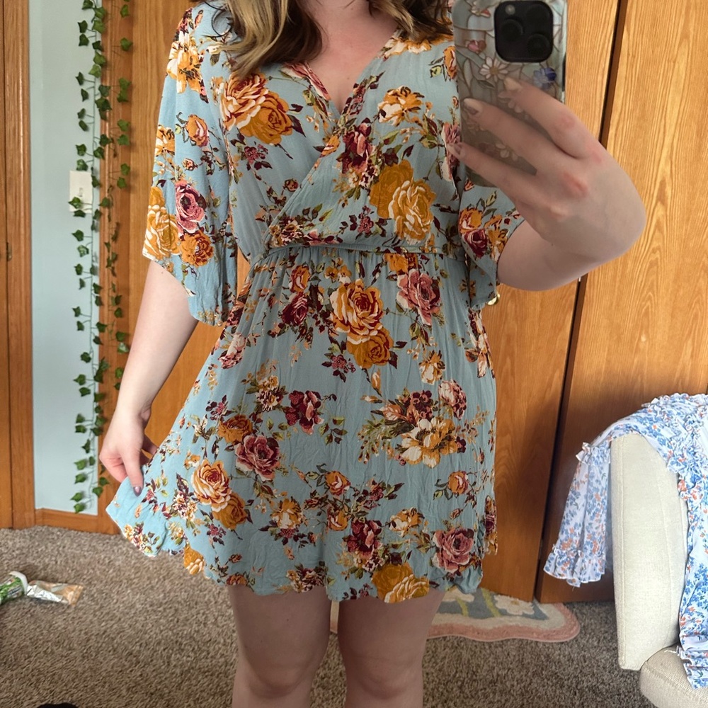 Floral Blue Dress with Yellow and Red Accents